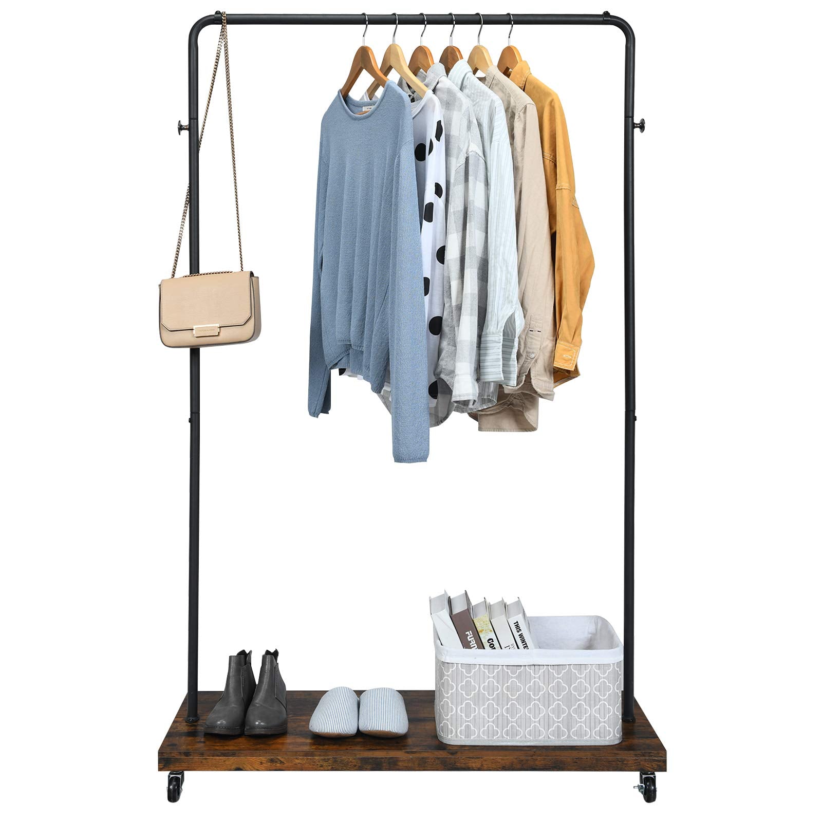Tangkula Industrial Pipe Style Rolling Garment Rack Clothes Rack with Wood Shelf